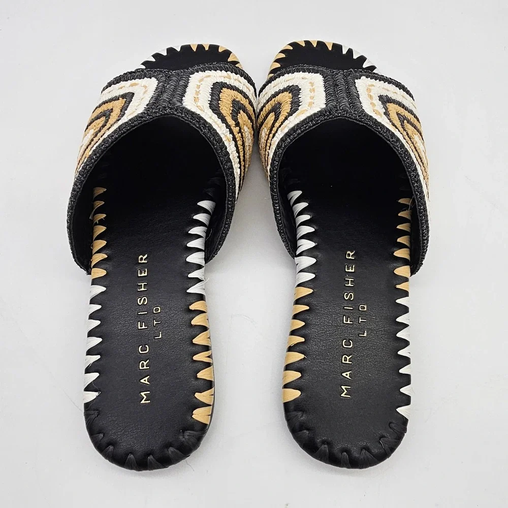 Marc Fisher LTD NOTTIE Womens 6.5 Black Raffia Crochet Slide Sandals Boho Summer